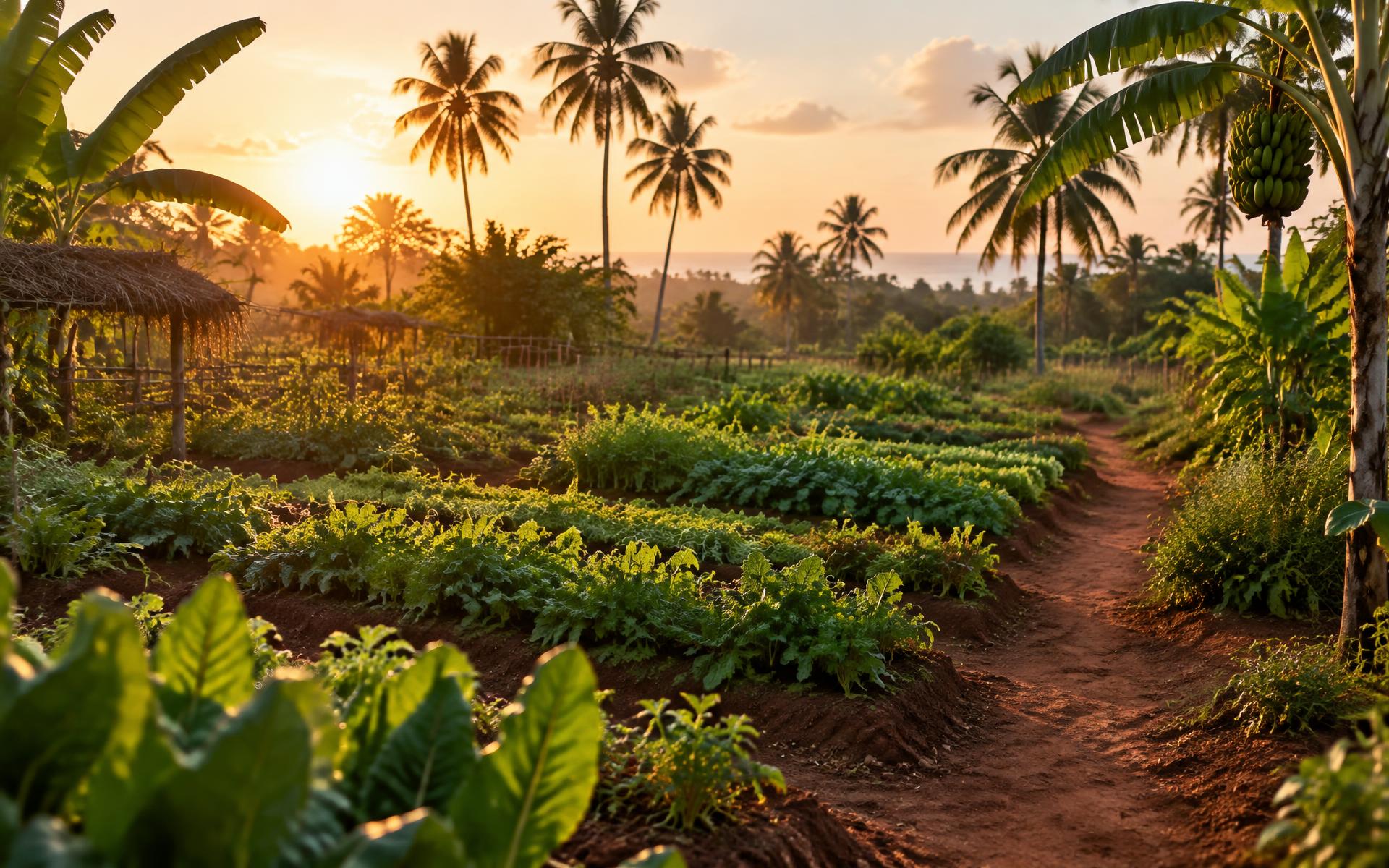Ali's Acre at golden hour: vegetable beds, palms and a red earth path